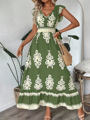Ruffled Printed V-neck Maxi Dress in Dark Navy, editorial view