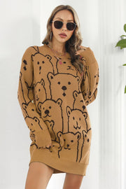Caramel knit dress with allover bear motif, crew neck, long sleeves, and ribbed hem.