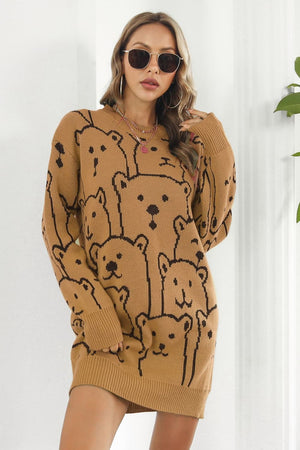 Caramel knit dress with allover bear motif, crew neck, long sleeves, and ribbed hem.