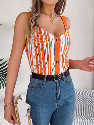 Orange and white striped crochet button-front tank top with a V-neck.