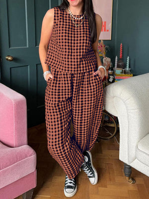 Caramel gingham cropped tank and tapered trouser set with pockets.