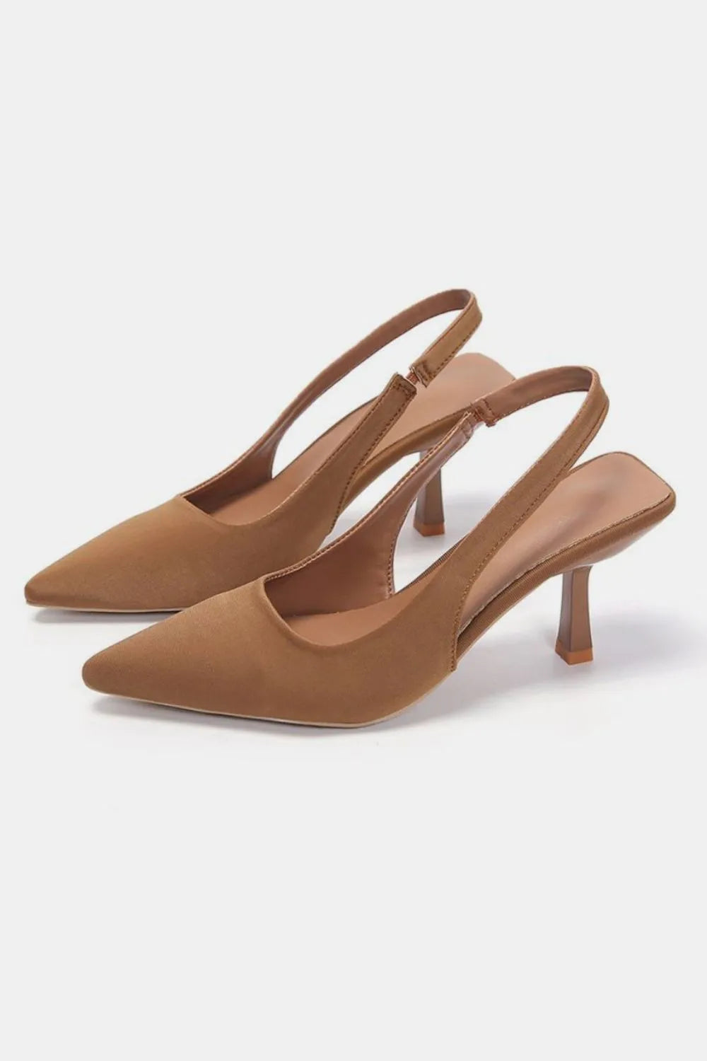 Caramel slingback satin pumps with sculpted heel and pointed toe