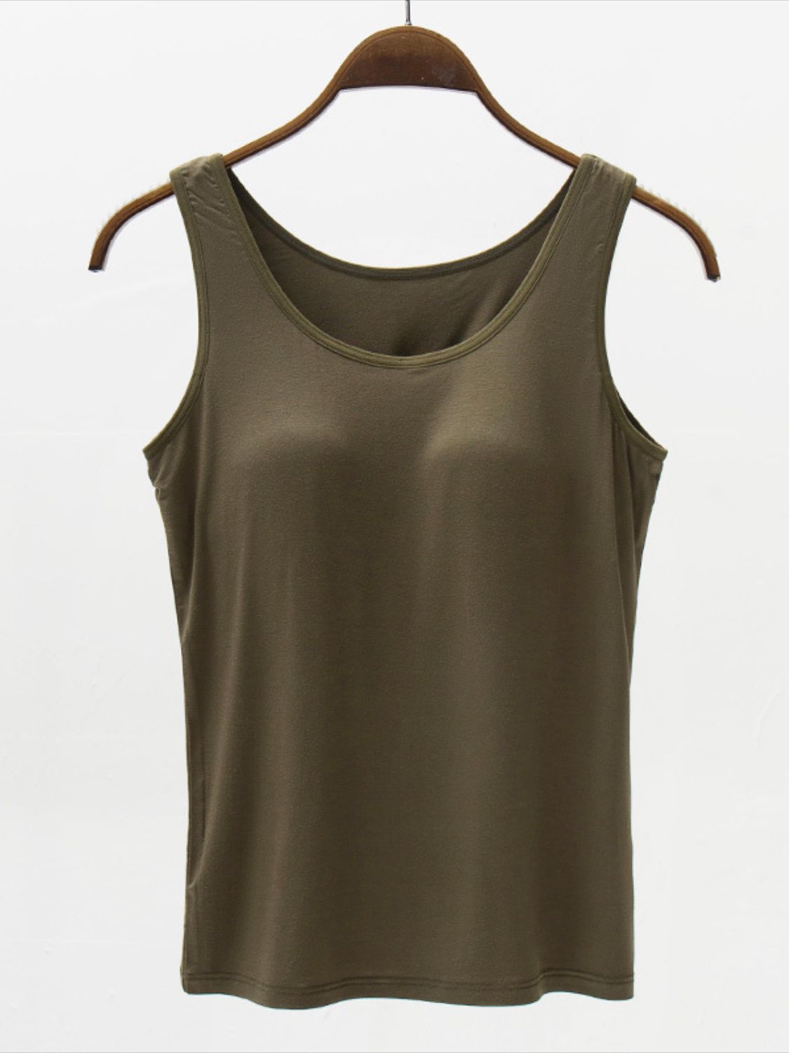 Army green modal tank top with scoop neckline and built-in support
