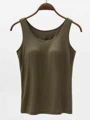 Army green modal tank top with scoop neckline and built-in support