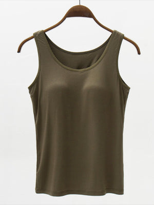 Army green modal tank top with scoop neckline and built-in support