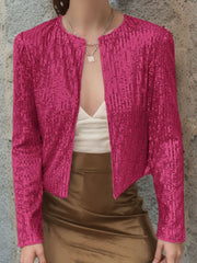 Hot Pink sequin bolero jacket with a round neckline and long sleeves.