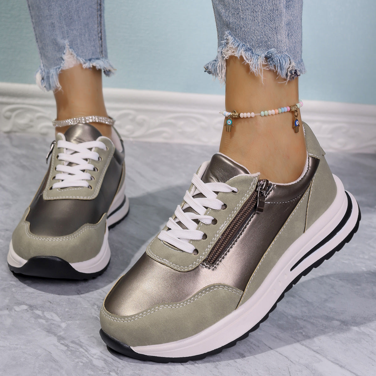 Zipper detail lace up sneakers in champagne with a chunky sole.