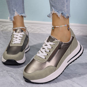 Zipper detail lace up sneakers in champagne with a chunky sole.