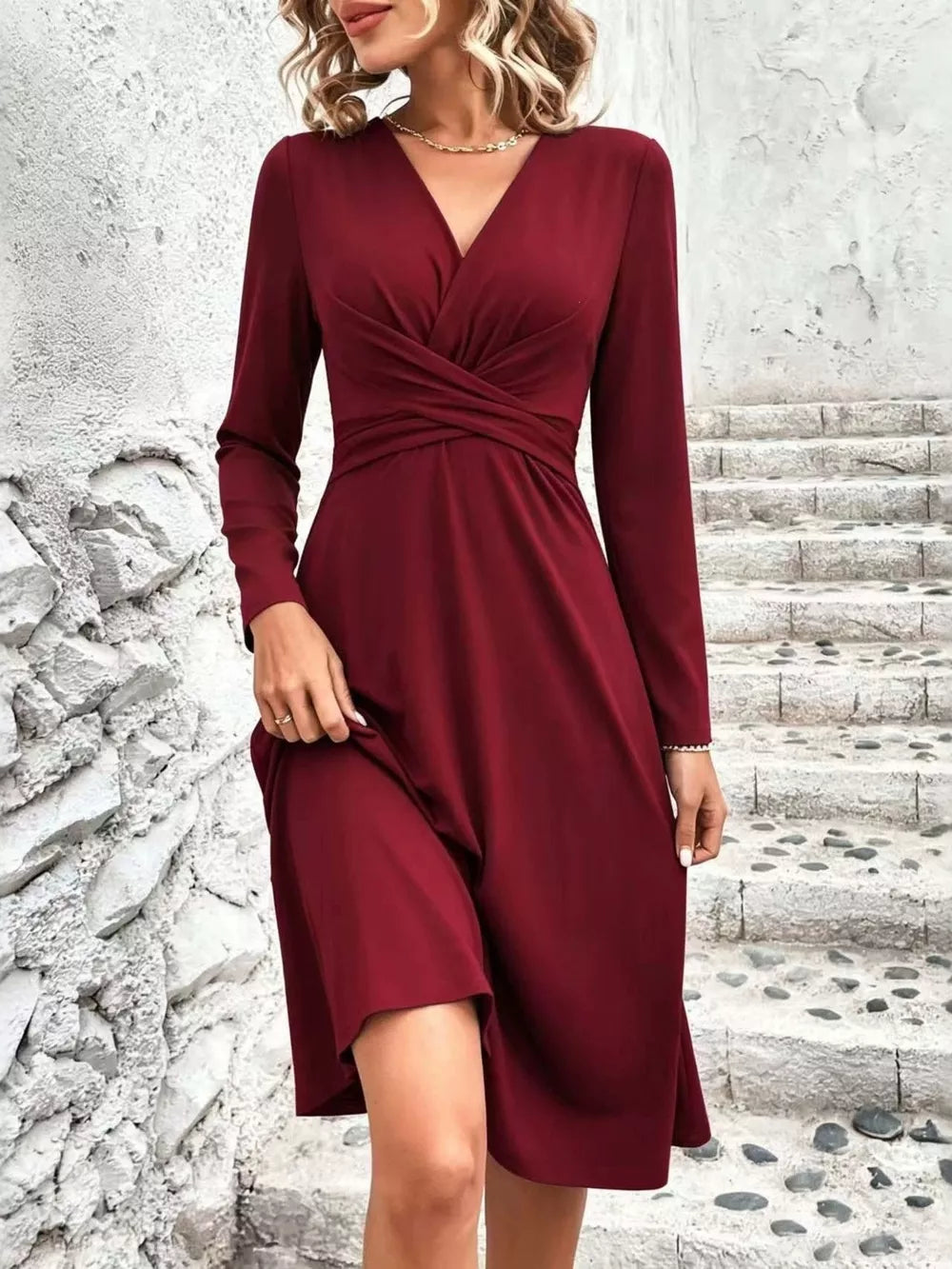 Surplice Long Sleeve Midi Dress in Black, model styling view