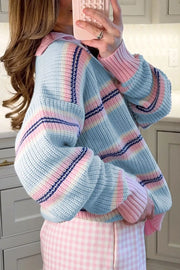 Striped Button Collar Long Sleeve Knit Sweater in Light Blue, model styling view