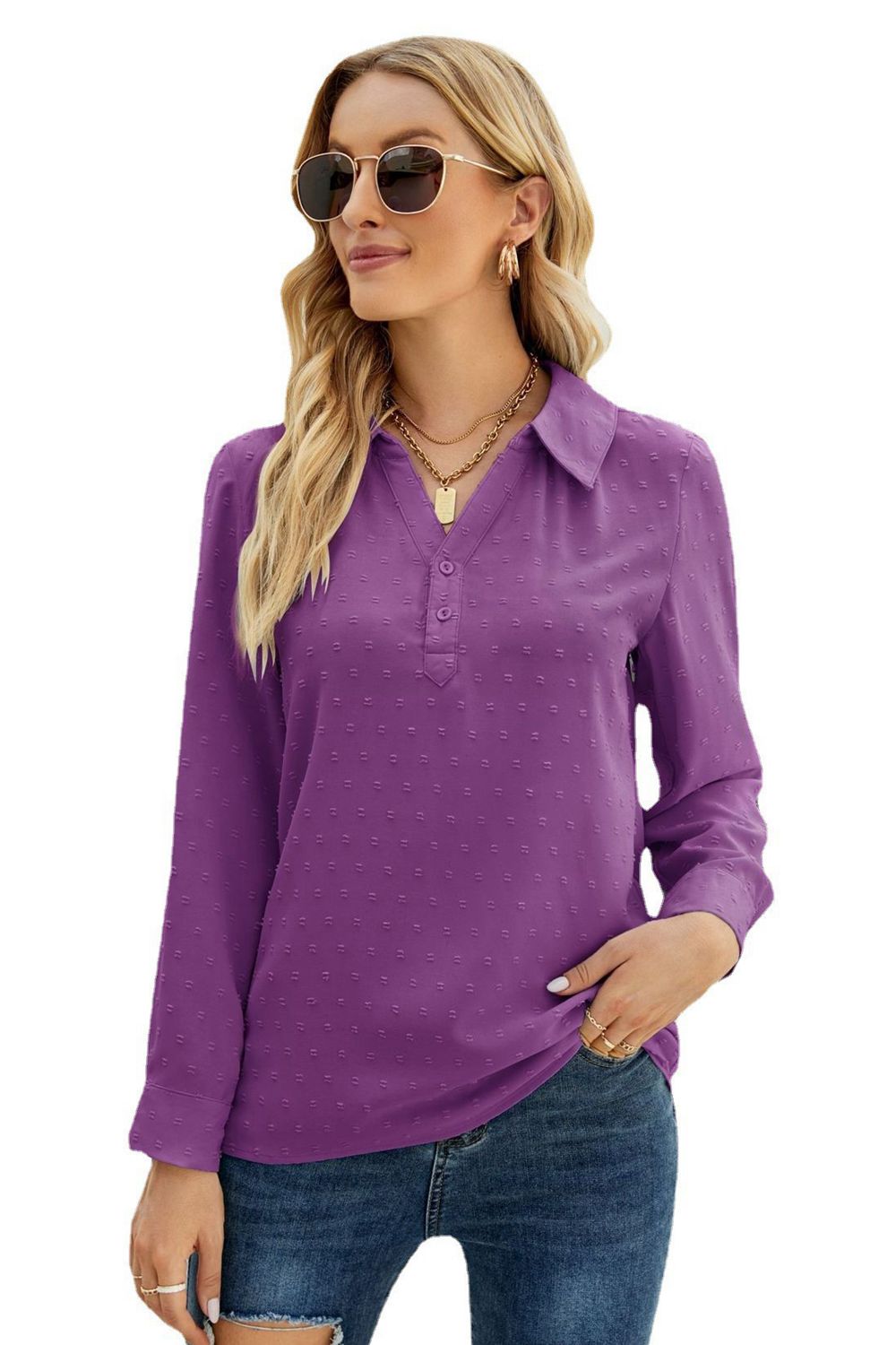 Purple textured collared blouse with button placket and long sleeves.