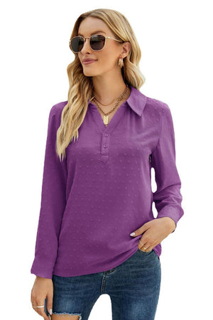 Purple textured collared blouse with button placket and long sleeves.