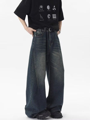 Men's vintage wash wide-leg jeans in blue and black denim, 100% cotton.
