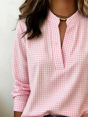 Full Size Plaid Notched Long Sleeve Blouse, alternate angle