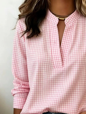 Full Size Plaid Notched Long Sleeve Blouse, alternate angle