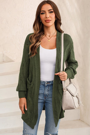 Matcha green cable knit open-front cardigan with pockets.