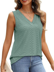 Sleeveless V-neck tank top with eyelet detail and a textured pattern.