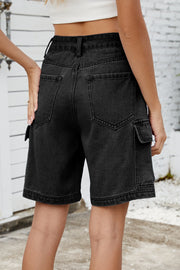 Black denim utility shorts with cargo pockets and a relaxed fit.