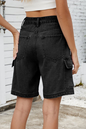 Black denim utility shorts with cargo pockets and a relaxed fit.