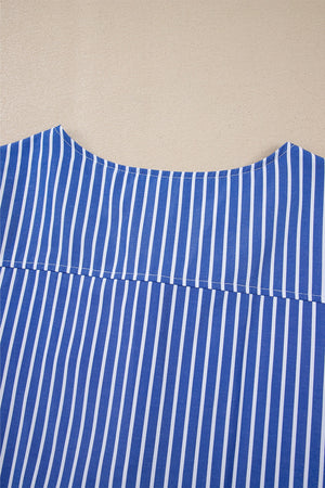 Blue and white striped blouse with a tie-front detail and puff sleeves.