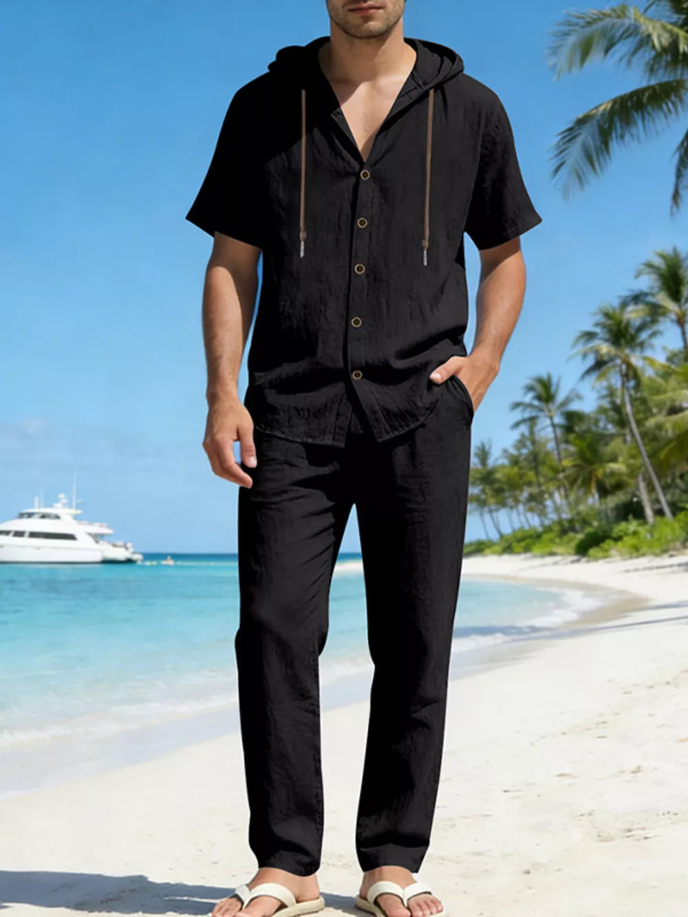 Men's black linen blend hooded top and pants set with drawstring hood and button front.