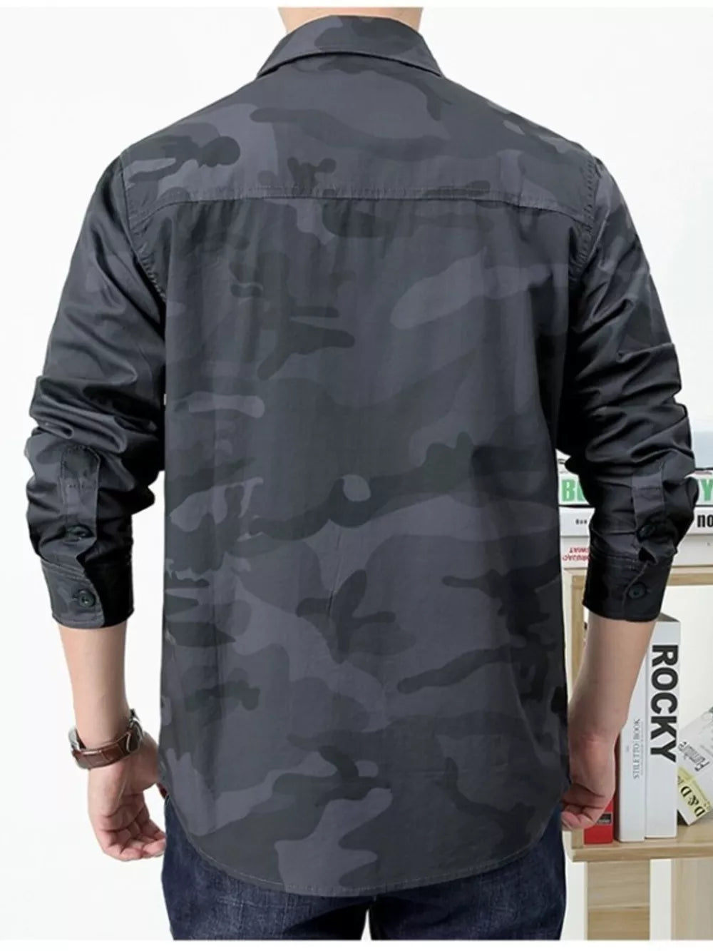 Men's Plus Size Camouflage Print Long Sleeve Shirt in Army Green, alternate angle