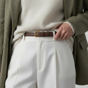 Brown cowhide leather belt with gold buckle, adjustable.