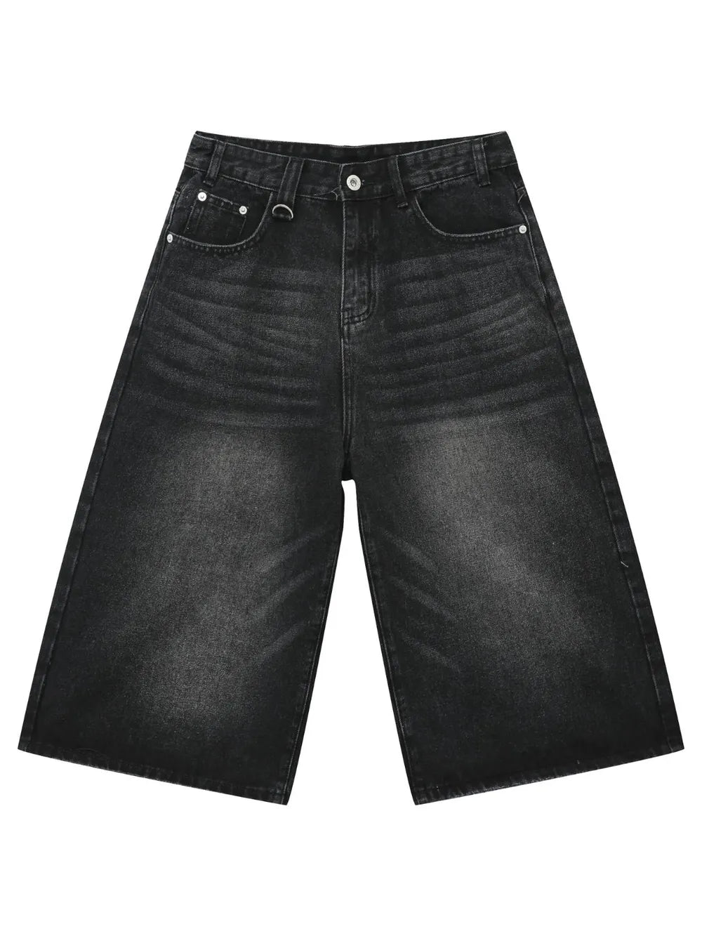 Black wide-leg distressed denim culottes with button fly and metal ring detail.