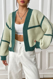 Colorblock ribbed open cardigan in cream and green with a relaxed fit and dropped shoulders.