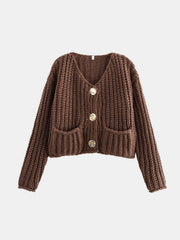 Brown chunky knit cardigan with statement buttons and front pockets.