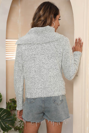 Light Gray textured knit sweater with asymmetric collar, acrylic.