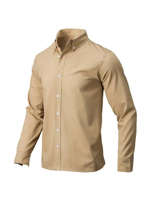 Khaki button-down shirt with a relaxed fit and long sleeves.