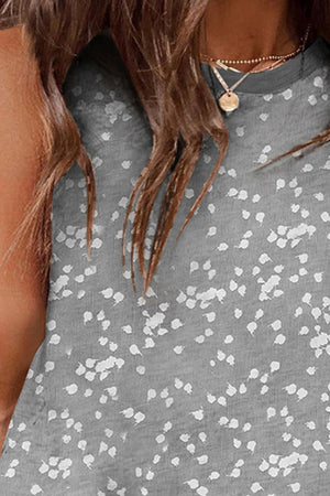 Gray dotted print tank top with contrast trim and crew neckline