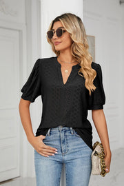 Black perforated puff sleeve blouse with keyhole neckline
