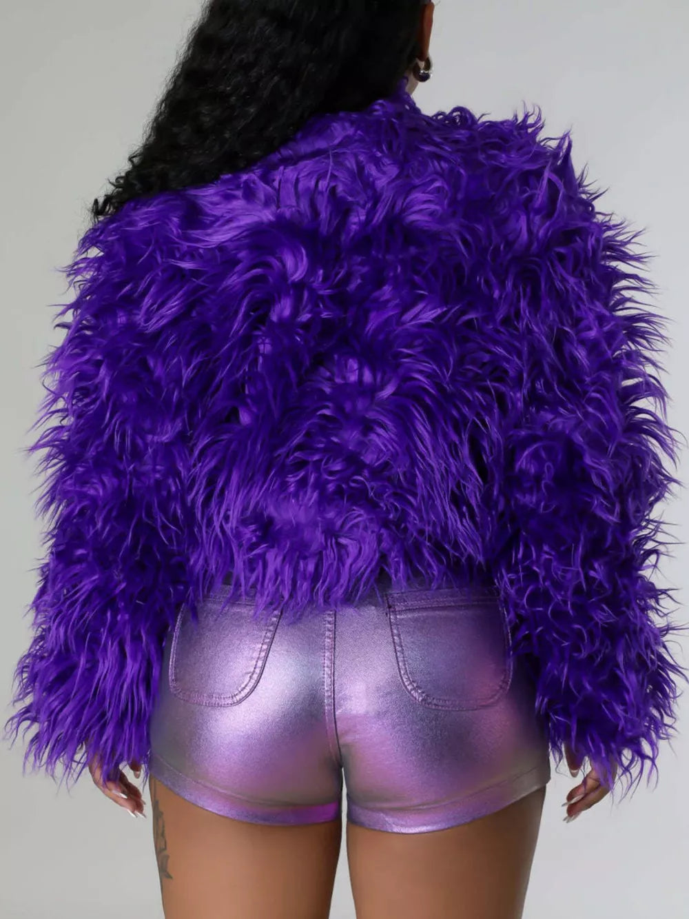 Faux Fur Open Front Cropped Outerwear in Red, view 12