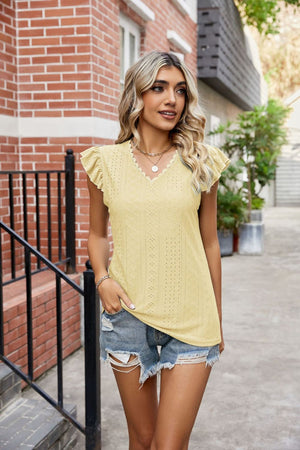 Yellow eyelet lace trim flutter sleeve v-neck blouse