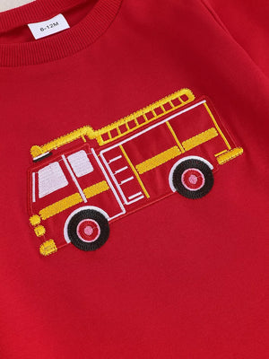 Children's Fire Truck Embroidered Top And Pants Set in Red, close-up detail