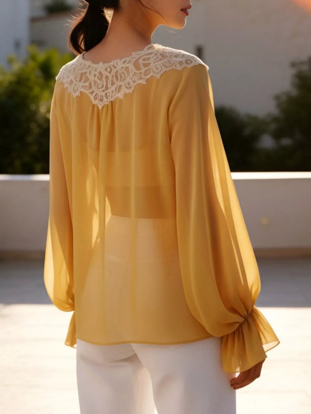 Sheer Lace-trimmed Front Tie Blouse in Khaki, alternate angle