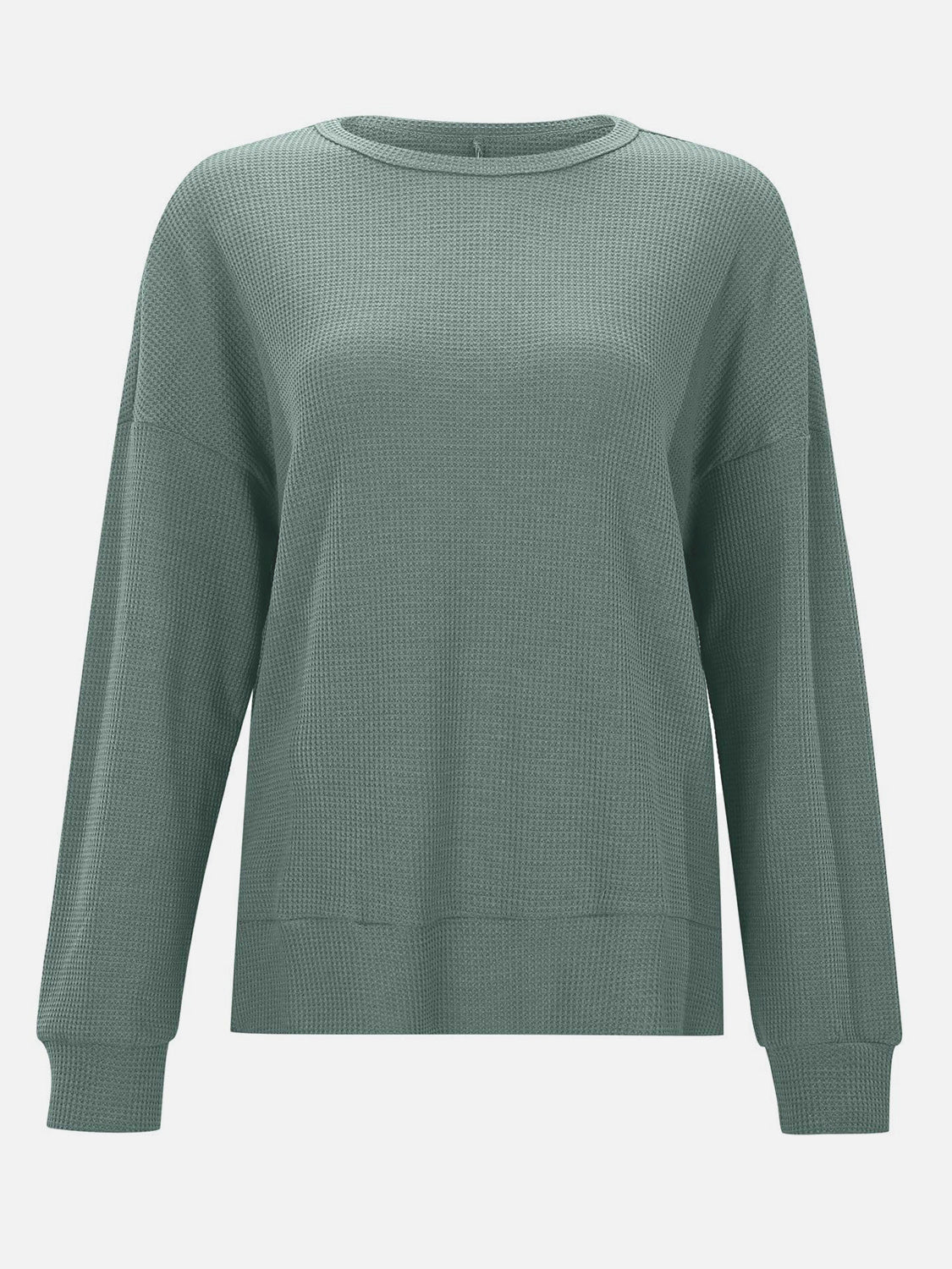 Waffle knit crewneck top in Gum Leaf green with relaxed fit and long sleeves.