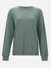 Waffle knit crewneck top in Gum Leaf green with relaxed fit and long sleeves.