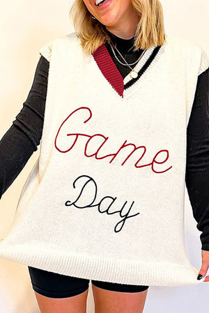 White knit vest with Game Day embroidery and burgundy trim