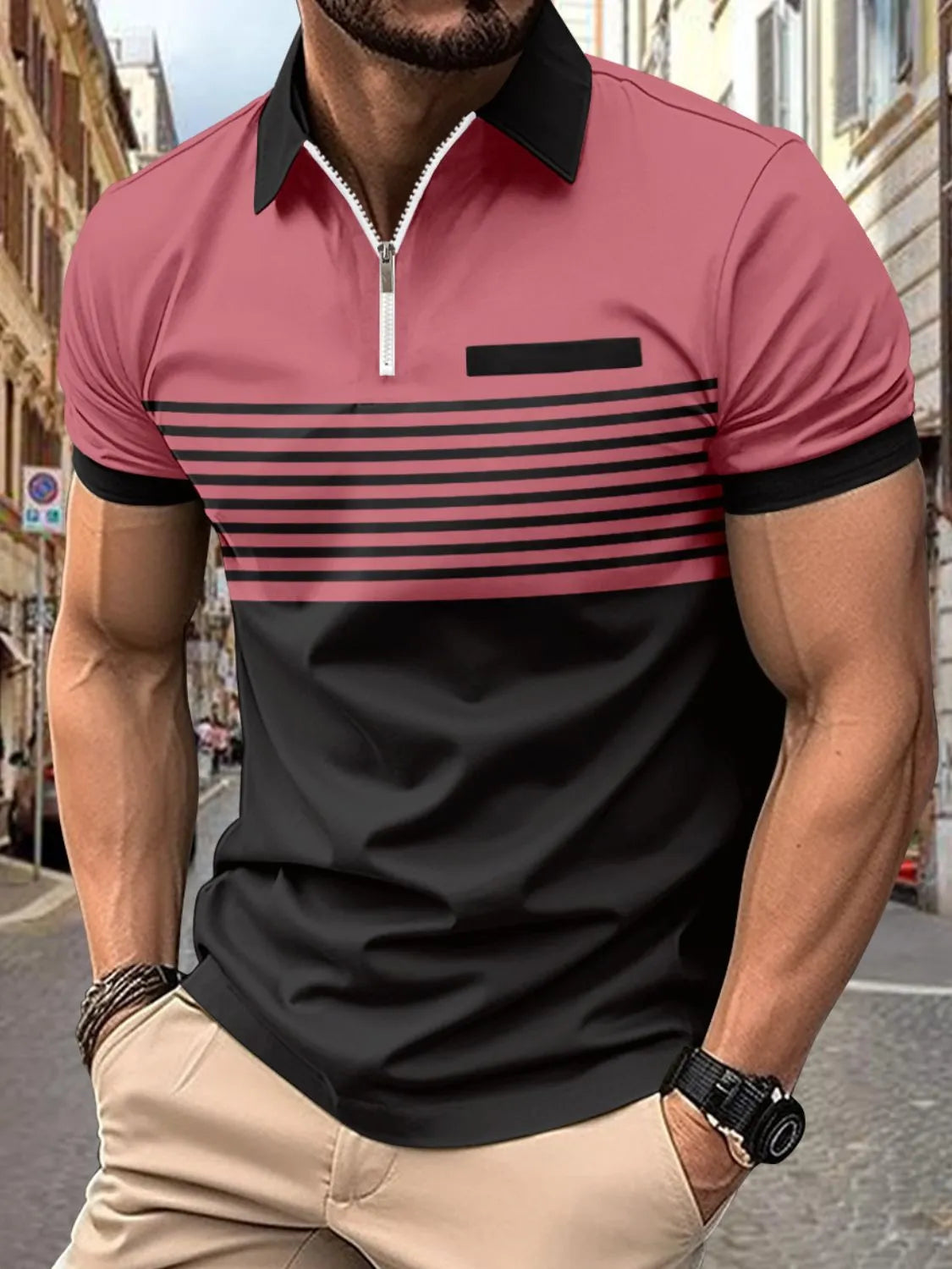 Colorblock zip polo shirt with horizontal black stripes and a chest pocket.