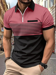 Colorblock zip polo shirt with horizontal black stripes and a chest pocket.