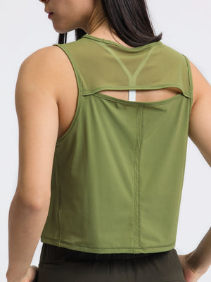 Moss green cropped active tank with mesh back detail and cutout