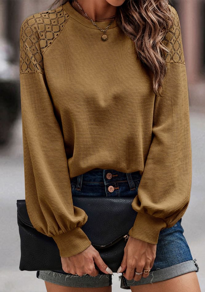 Camel waffle knit raglan top with lace yoke detail and balloon sleeves.
