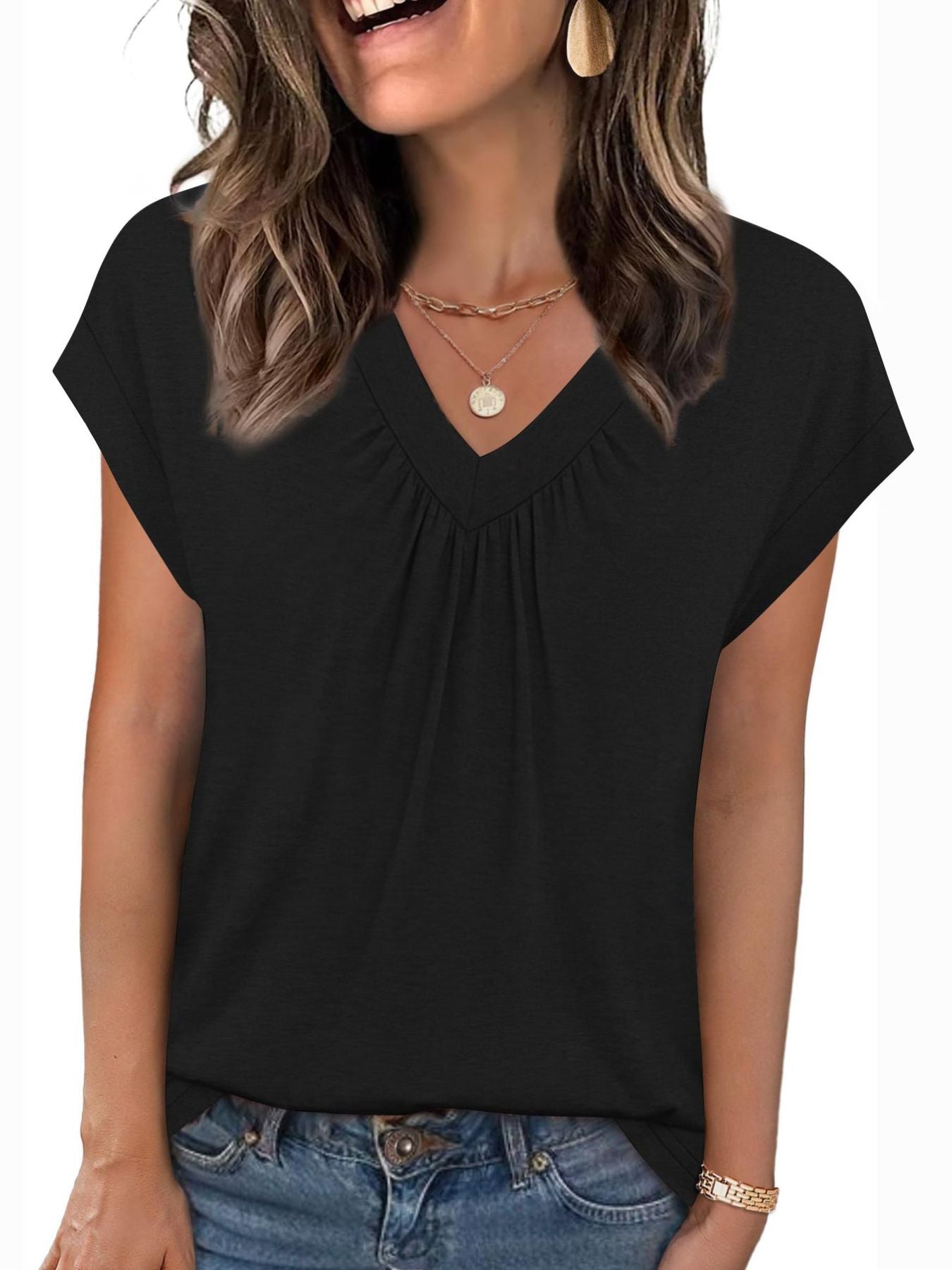 Black ruched v-neck t-shirt with short sleeves and a relaxed fit.