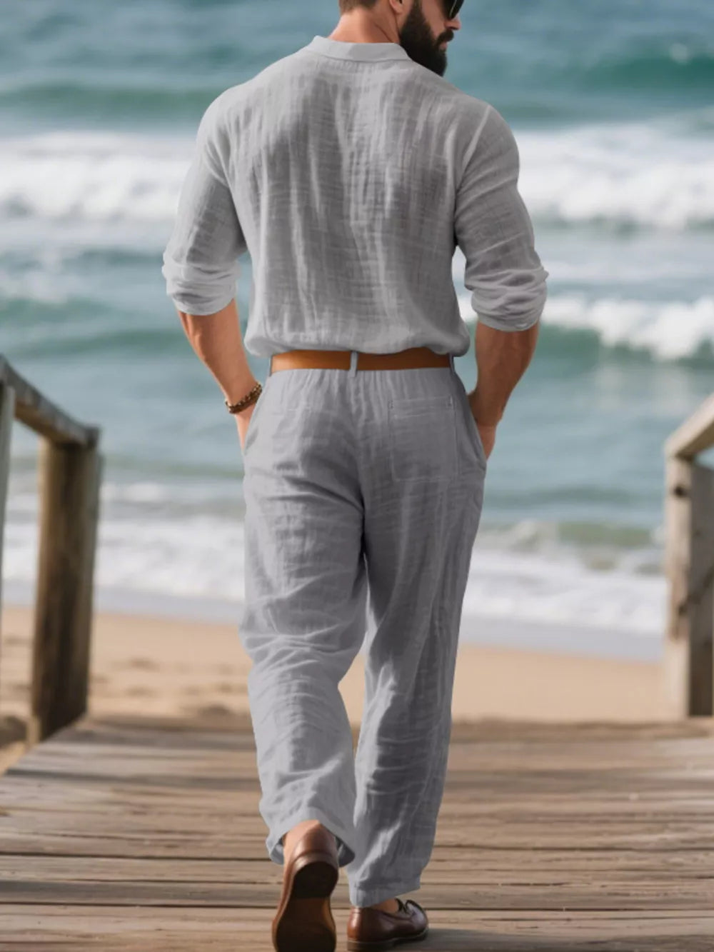 Grey linen blend long sleeve top and pants set with collared neckline and relaxed fit.