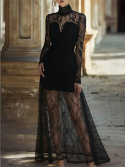 Black lace high neck maxi dress with long sleeves and sheer lace skirt.