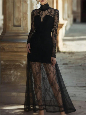 Black lace high neck maxi dress with long sleeves and sheer lace skirt.