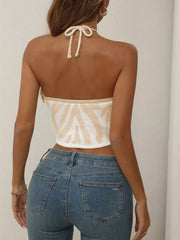 Zebra-striped halter knit cami in Khakis with a tie back, cropped length.